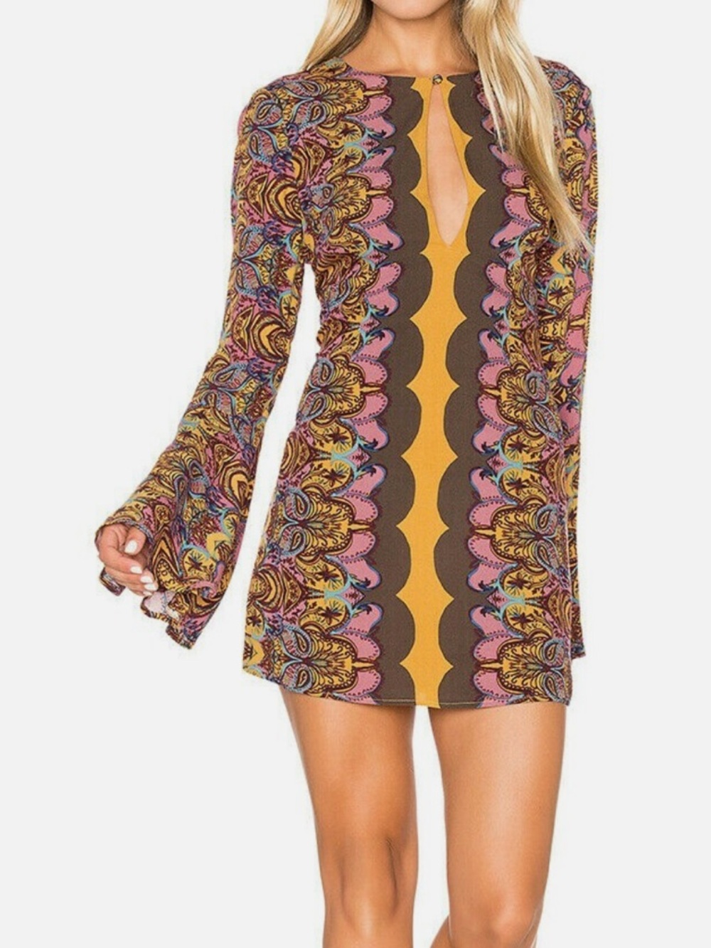 Free People “Ossie Vibes” Mini Dress bell sleeve ~ Coachella festival